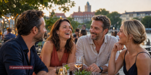 Vier Erwachsene zwischen 35 und 50 Jahren im Gespräch bei einem sommerlichen Single-Event in Hannover