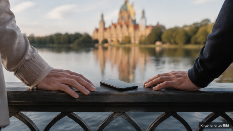 Zwei Hände liegen mit Abstand neben einem Smartphone am Maschsee in Hannover.