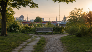 Zwei Wege mit unterschiedlich gesetzten Pflastersteinen führen in einem ruhigen Hannoveraner Park zu einer leeren Bank.