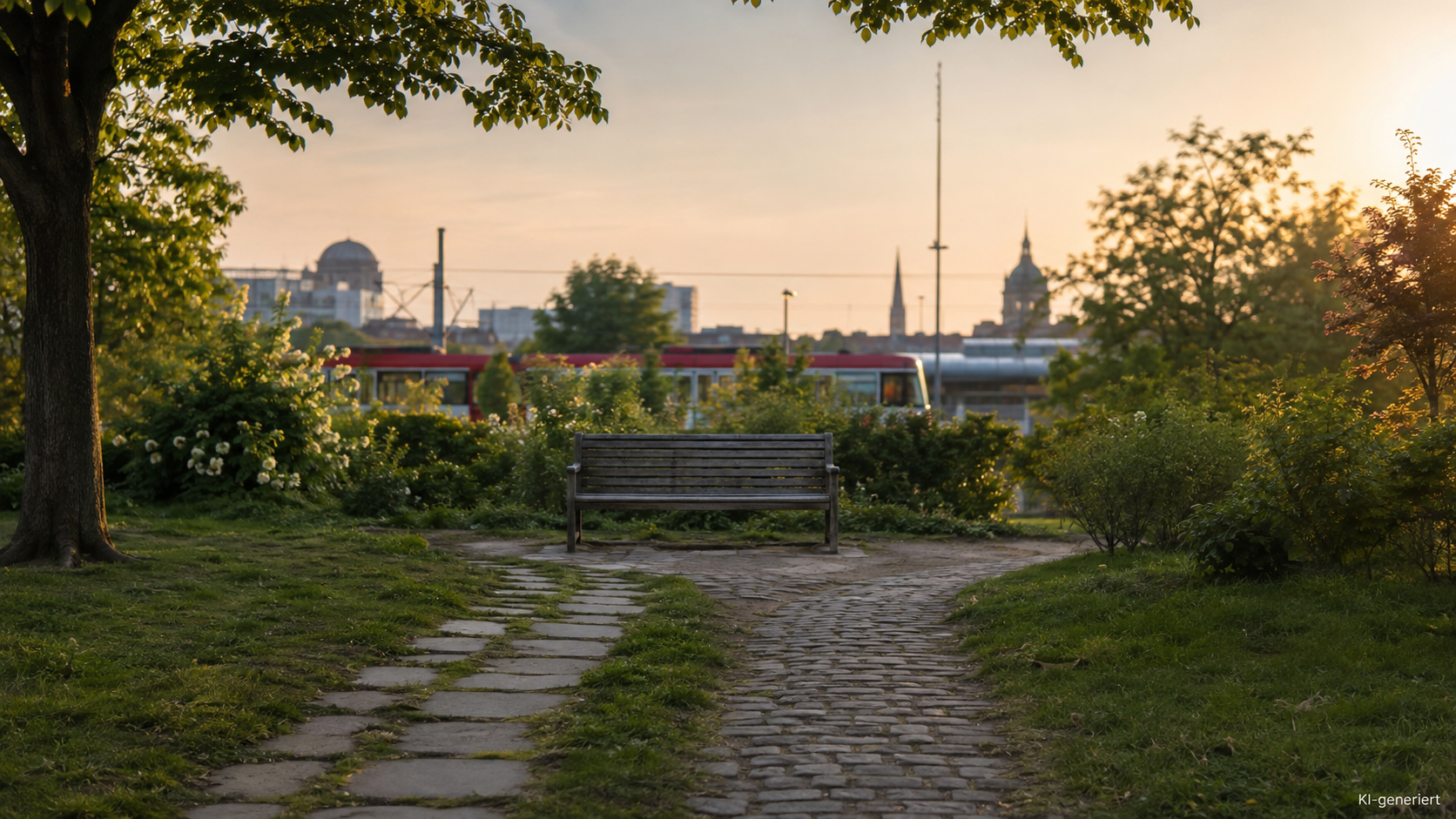 Zwei Wege mit unterschiedlich gesetzten Pflastersteinen führen in einem ruhigen Hannoveraner Park zu einer leeren Bank.
