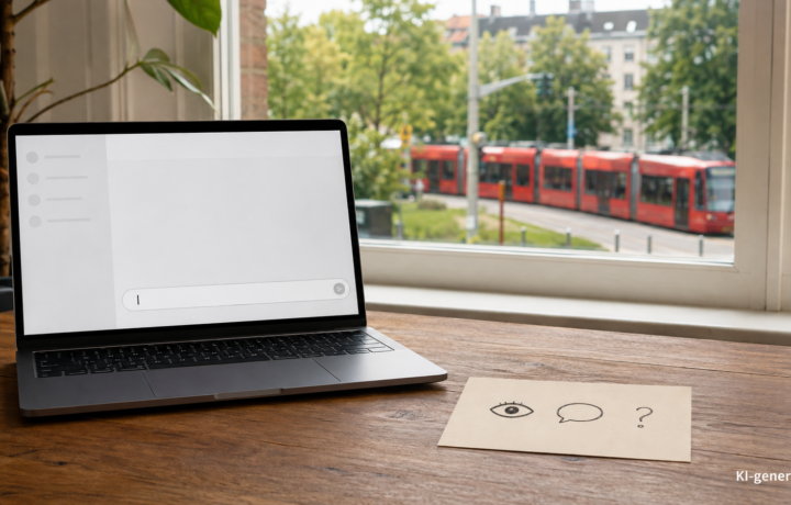 Laptop mit leerem Nachrichtenfeld und ein Zettel mit drei Gesprächssymbolen vor einem Hannoveraner Fenster mit roter Stadtbahn.