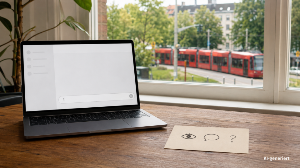 Laptop mit leerem Nachrichtenfeld und ein Zettel mit drei Gesprächssymbolen vor einem Hannoveraner Fenster mit roter Stadtbahn.