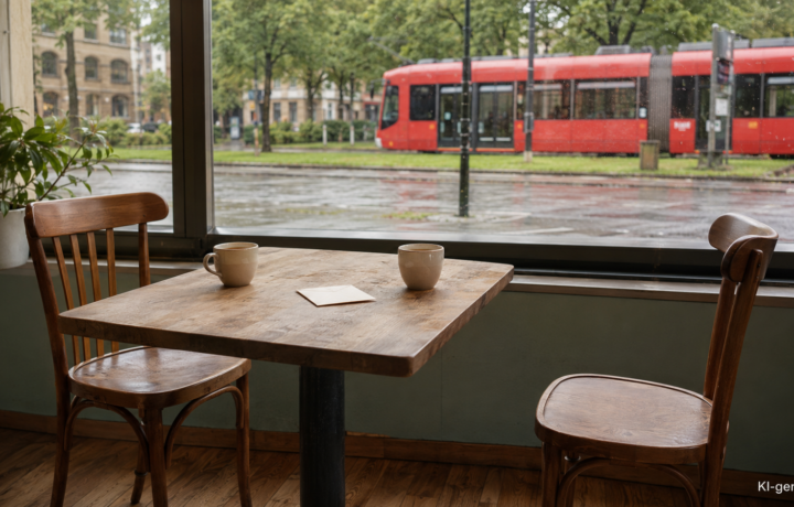 Zwei leere Caféstühle, zwei Tassen und eine geschlossene Karte vor einer roten Hannoveraner Stadtbahn.