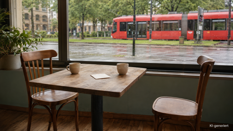 Zwei leere Caféstühle, zwei Tassen und eine geschlossene Karte vor einer roten Hannoveraner Stadtbahn.