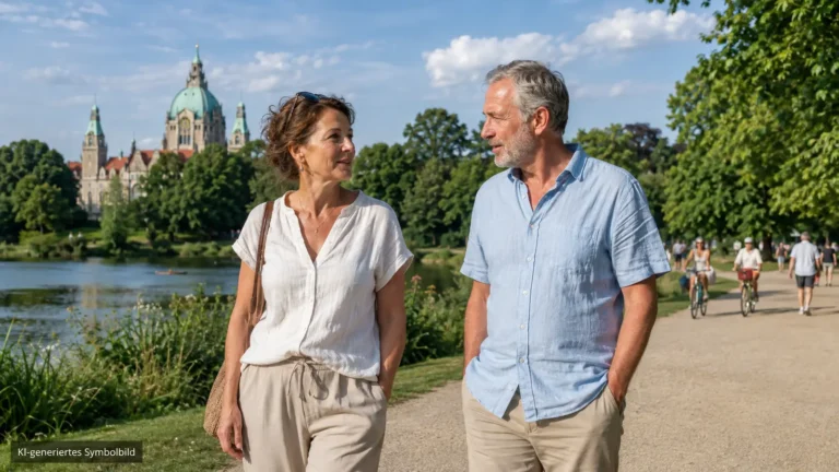 Frau und Mann über 50 bei einem sommerlichen ersten Date im Maschpark in Hannover