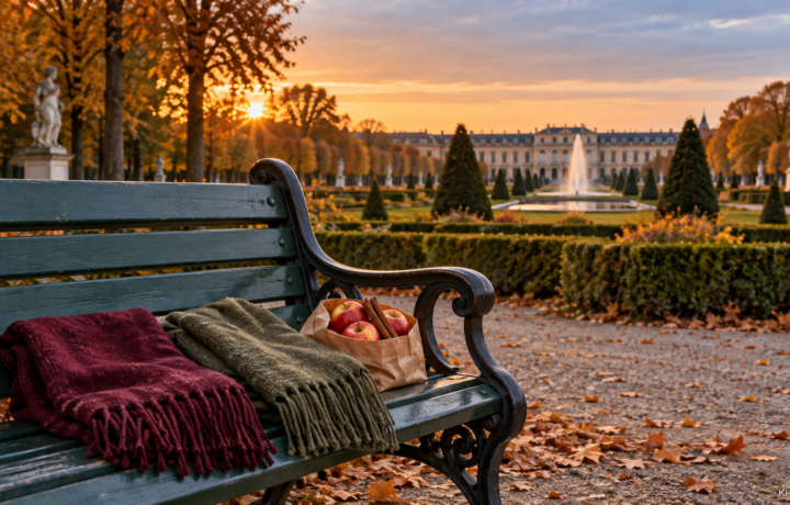und Herbstlaub am Maschpark, im Hintergrund das beleuchtete Neue Rathaus in Hannover.