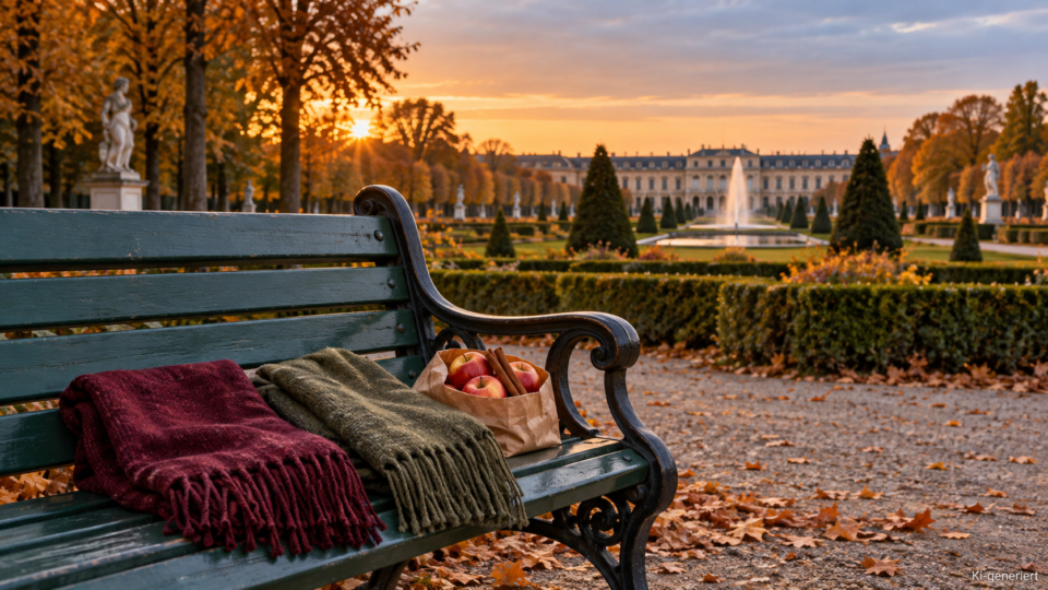 und Herbstlaub am Maschpark, im Hintergrund das beleuchtete Neue Rathaus in Hannover.