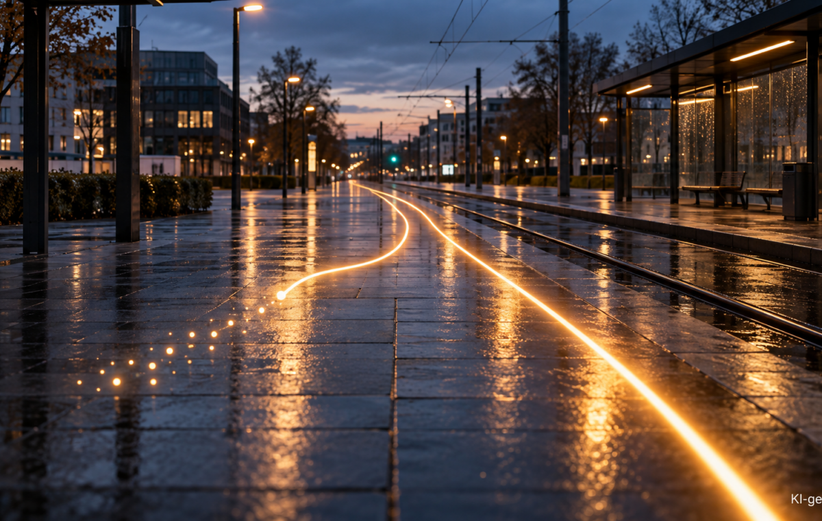 Leere Stadtbahnhaltestelle in Hannover mit zwei Lichtspuren, von denen eine in verblassende Punkte übergeht.