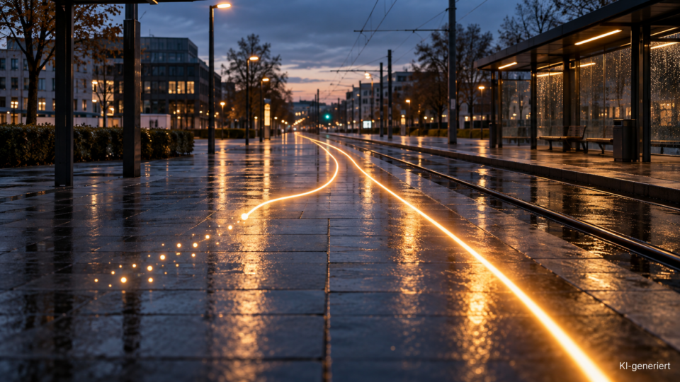 Leere Stadtbahnhaltestelle in Hannover mit zwei Lichtspuren, von denen eine in verblassende Punkte übergeht.