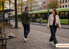 Zwei Menschen um die 40 verabschieden sich nach einem Date freundlich an einer Stadtbahnhaltestelle in Hannover.