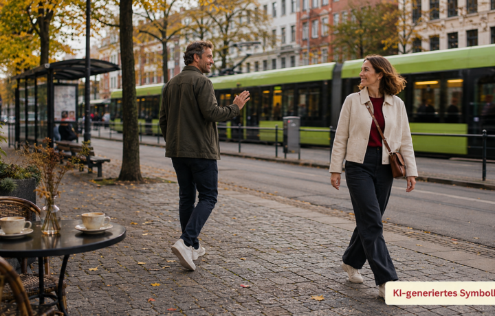 Zwei Menschen um die 40 verabschieden sich nach einem Date freundlich an einer Stadtbahnhaltestelle in Hannover.