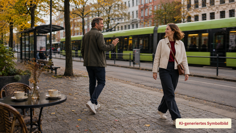 Zwei Menschen um die 40 verabschieden sich nach einem Date freundlich an einer Stadtbahnhaltestelle in Hannover.