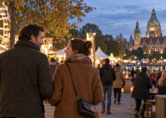 Paar bei einer Abendveranstaltung in Hannover vor dem Neuen Rathaus