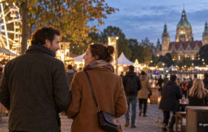 Paar bei einer Abendveranstaltung in Hannover vor dem Neuen Rathaus