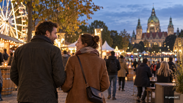Paar bei einer Abendveranstaltung in Hannover vor dem Neuen Rathaus